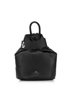 Sac à dos en cuir noir avec une forme arrondie, doté d'un dessus resserré, d'une poignée courte et d'un accent logo argenté à l'avant.