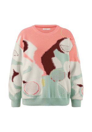 Maglione lavorato a maglia con scollo rotondo, vestibilità oversize e un mix di colori pastello con motivi astratti. Tessuto testurizzato e polsini a coste.