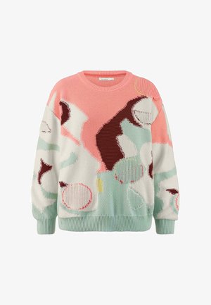 Gebreide trui met een ronde hals, oversized pasvorm en een mix van pasteltinten met abstracte patronen. Gestructureerde stof en geribbelde manchetten.