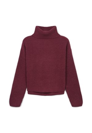 Burgunderfarbener gestrickter Rollkragenpullover mit gerippter Struktur, lockerer Passform und langen Ärmeln. Mit einem verkürzten Saum und umgeschlagenem Kragen.