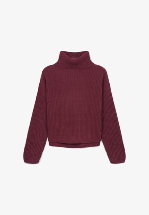 Pull à col roulé en maille bordeaux avec une texture côtelée, coupe ample et manches longues. Il présente un ourlet court et un col roulé.