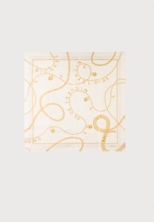 White silk scarf with gold chain and lock patterns, featuring the text "MICHAEL KORS" intertwined with chains.