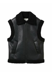 Schwarze ärmellose Weste aus Kunstleder, mit einem flauschigen schwarzen Fleece-Kragen und Besätzen, zwei Taschen vorne und einem Reißverschluss.