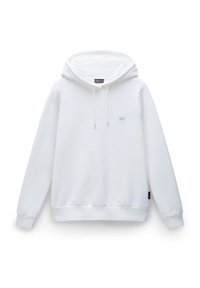 Witte hoodie gemaakt van katoen. Beschikt over een voorzak, trekkoorden en een klein geborduurd logo op de borst. Zachte textuur.