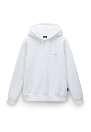 White hooded sweatshirt made of cotton. Features a front pocket, drawstrings, and a small embroidered logo on the chest. Soft texture.