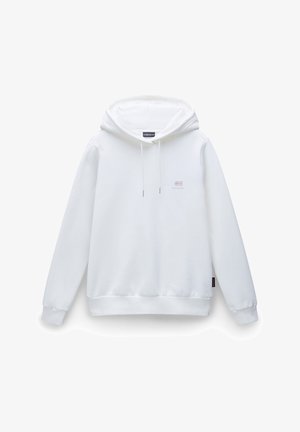 Sudadera blanca con capucha hecha de algodón. Cuenta con un bolsillo delantero, cordones y un pequeño logo bordado en el pecho. Textura suave.