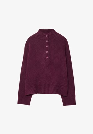 Knit pullover in deep purple, featuring a high neck, seven button placket, ribbed cuffs, and a slightly cropped hem. Soft texture.