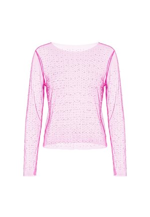Langærmet gennemsigtig pink top med små runde pynt, rund halsudskæring og tætsiddende ærmekanter på hvid baggrund.