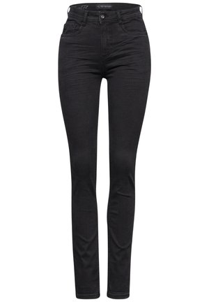 Zwarte skinny jeans met een hoge tailleband, gemaakt van een rekbare denim stof. Heeft een gladde textuur en een klassiek vijf-pocket ontwerp.