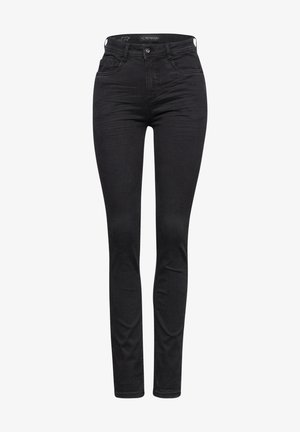 Jean skinny noir avec une taille haute, fabriqué à partir d'un tissu en denim extensible. Présente une texture lisse et un design classique à cinq poches.