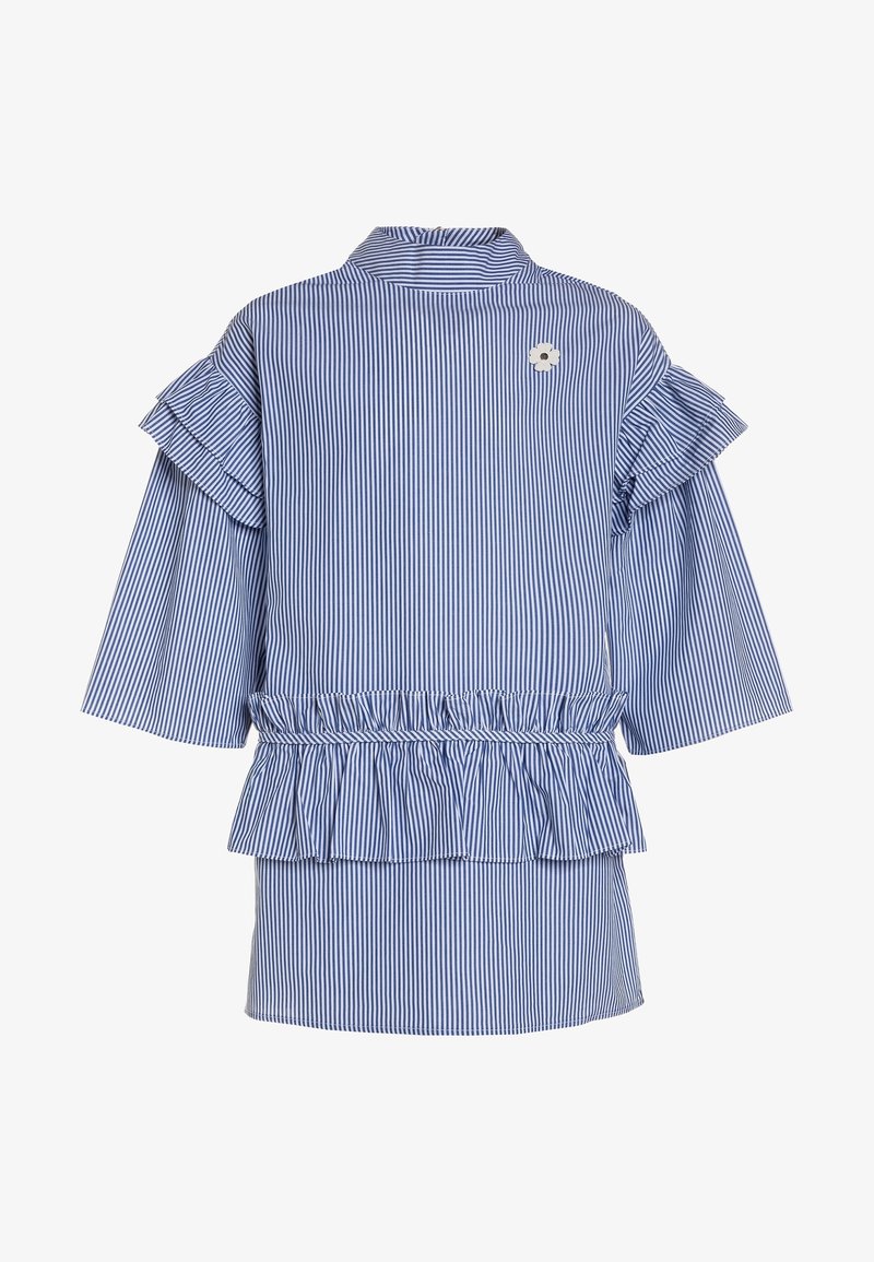 Abito a righe blu e bianche con maniche arricciate e dettaglio peplum in vita. Presenta un colletto alto e un accento floreale sul retro.