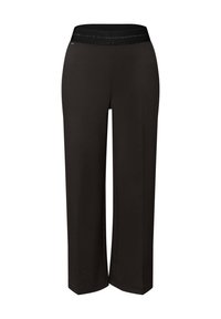 Black straight-leg trousers with elastic waistband and a small metallic logo detail near the left hip.