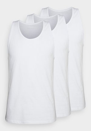 Pack of three white tank tops made of cotton, featuring a rounded neckline and sleeveless design, smooth texture, and standard fit.