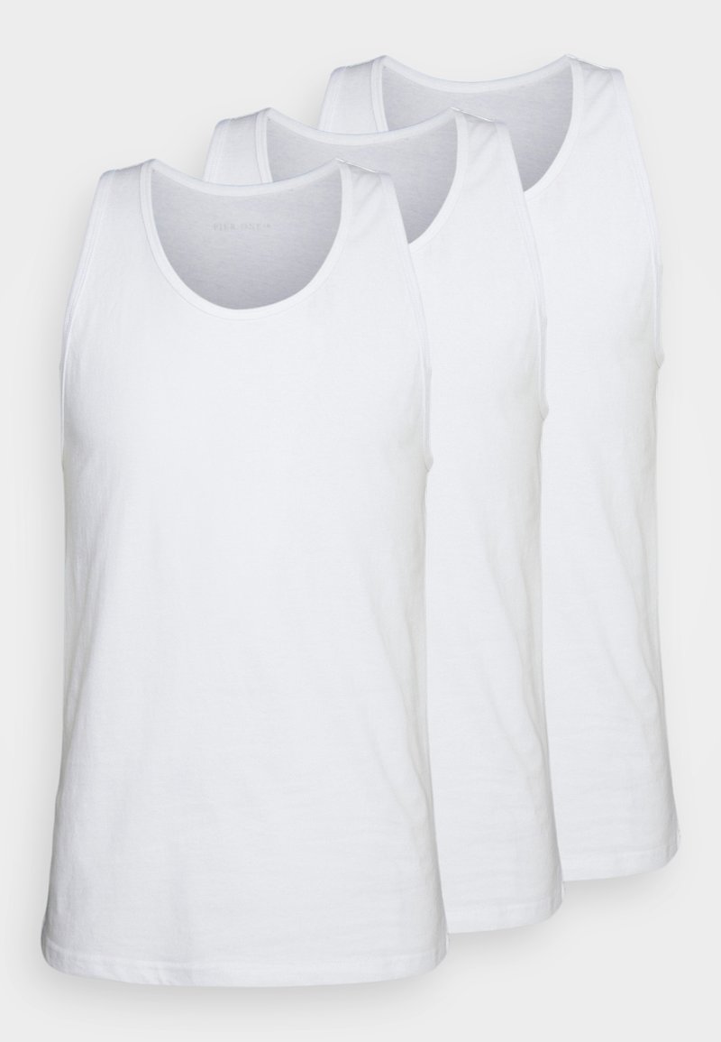 Pack of three white tank tops made of cotton, featuring a rounded neckline and sleeveless design, smooth texture, and standard fit.