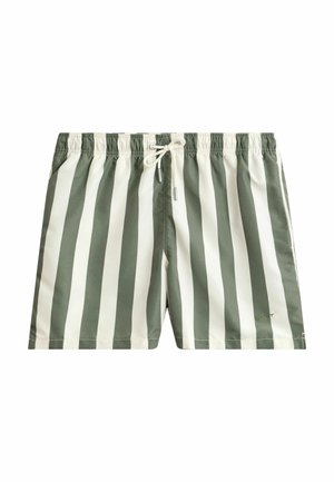 Costume da bagno da uomo con strisce verticali grigie e bianche, vita elasticizzata e chiusura frontale con coulisse.