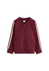 Barns mørkerøde zip-up jakke med hvide dobbeltstriber ned ad begge ærmer, ribbet krave, manchetter og kant.