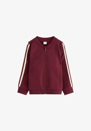 Dětská maroonová zipová bunda s bílými dvojitými pruhy po obou rukávech, ribbený límec, manžety a lem.