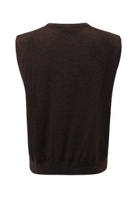 Maglione senza maniche marrone in maglia, con scollo rotondo, texture liscia e orlo aderente. Design semplice e privo di decorazioni, senza dettagli aggiuntivi.