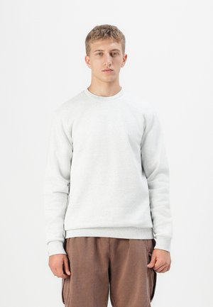 Light gray sweatshirt with long sleeves, round neckline, and ribbed cuffs. Paired with brown cargo shorts featuring side pockets.