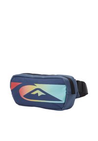 Bauchtasche aus blauem Nylon mit einem verlaufenden Design, das rote und aqua Akzente aufweist. Sie verfügt über einen Reißverschluss und einen verstellbaren Gurt.