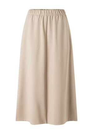 Pantalon large beige à taille élastique, coupe ample et tissu lisse, présenté de face sur un fond blanc.