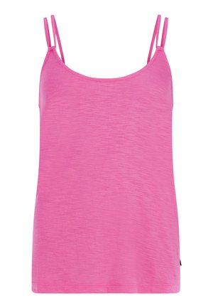 Top sin mangas ligero de color rosa con tirantes finos, textura suave, corte ligeramente holgado y escote redondeado. Sin patrones visibles ni detalles de hardware.