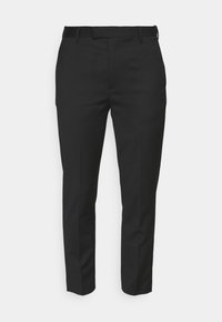 Černé kalhoty se slim fit střihem, plochým předním dílem a dvěma bočními kapsami. Vyrobeny z hladkého materiálu s čistým, upraveným designem a bez viditelného hardwaru.