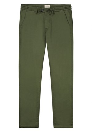 Chinos de algodón en color verde oliva con cintura ajustable con cordón, dos bolsillos frontales y un diseño de corte slim. Textura suave con costuras cosidas.
