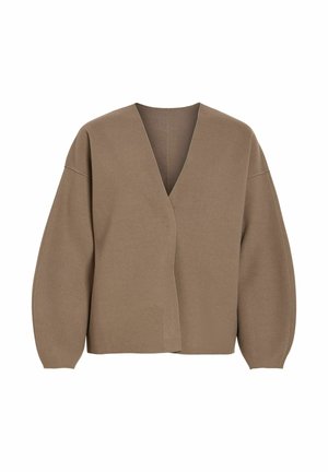 Cardigan marrone oversize con scollo a V, spalle scivolate e maniche lunghe. Tessuto a trama liscia con dettagli di cuciture minimali.