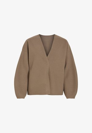 Cardigan marrone oversize con scollo a V, spalle scivolate e maniche lunghe. Tessuto a trama liscia con dettagli di cuciture minimali.