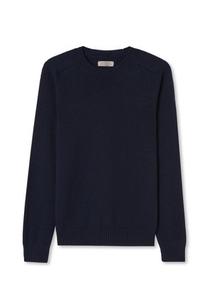 Mørkeblå strikket sweater med rund hals, lange ærmer, ribbede manchetter og søm. Glat tekstur og klassisk pasform med skuldersømme.