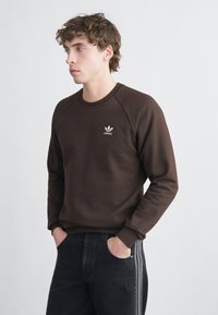 Ruskea collegepaita pyöreällä kaula-aukholla ja raglan-hihoilla. Rintakehällä pieni valkoinen Adidas-logo. Yhdistetty tummiin farkkuihin.