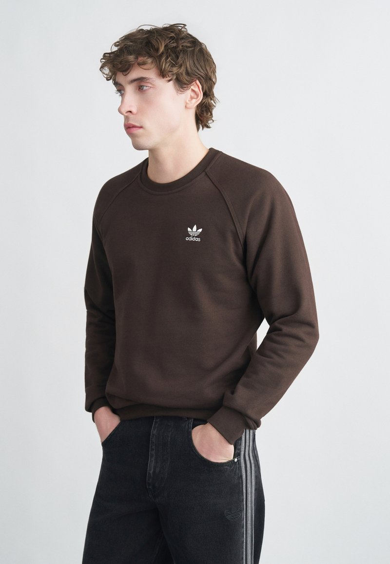 Brun sweatshirt med rund halsringning och raglanärmar. Har en liten vit Adidas-logotyp på bröstet. Bärs med mörka jeans.