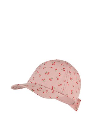 Pink baseball cap with red cherry pattern and small green stems, curved brim, and adjustable strap at back.