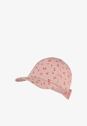 Pink baseball cap with red cherry pattern and small green stems, curved brim, and adjustable strap at back.