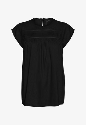 Schwarze kurzärmelige Bluse mit rundem Ausschnitt, verziert mit zarten Spitzendetails auf der Vorderseite und einem Schlitz am Rücken.