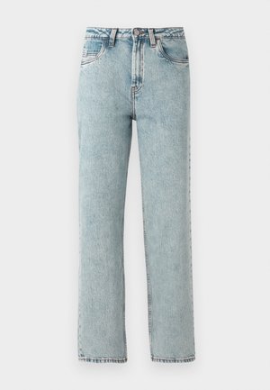 Light blue denim jeans with a high waist, straight fit, and whiskering detail. Features five pockets and a button closure at the waist.