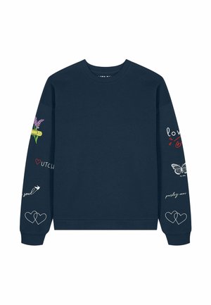 Marineblaues Sweatshirt aus weichem Stoff; mit botanischen und Schmetterlingsgrafiken in verschiedenen Farben auf Ärmeln und Brust.