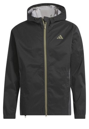 Black lightweight jacket with a hood, front zipper, and elastic cuffs. Features subtle green accents and a small logo on the chest.