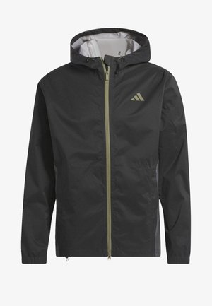 Black lightweight jacket with a hood, front zipper, and elastic cuffs. Features subtle green accents and a small logo on the chest.