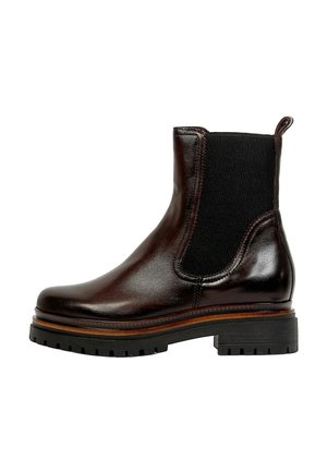 Dunkelbrauner Leder-Chelsea-Boot mit schwarzem elastischem Seitenteil, Zuglasche hinten, dicker profillierter schwarzer Sohle und geschichteten Detailder Zwischensohle.