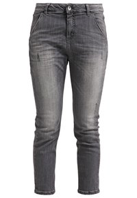 Schmal geschnittene graue Jeans mit subtilen Used-Details, vorderer Knopfverschluss und schrägen Fronttaschen.