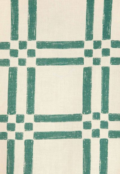 Motif à grille verte avec de larges coups de pinceau sur tissu beige, formant de grands carrés avec des petits groupes carrés aux intersections.