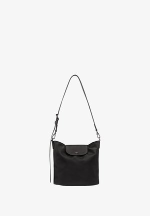 Black leather shoulder bag with a flap closure and adjustable strap, shown against a white background.