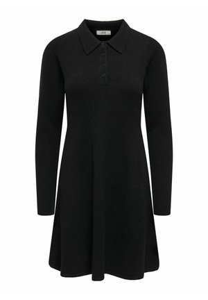 Abito lungo nero a maniche lunghe con colletto polo, caratterizzato da una fila di bottoni e una silhouette a trapezio svasata. Realizzato in tessuto morbido e testurizzato.