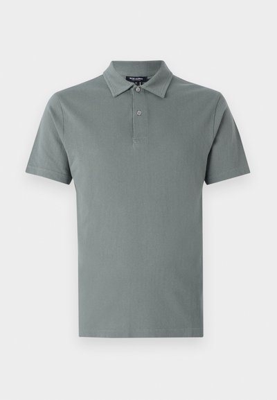 Polo shirt in muted green, featuring a textured finish, short sleeves, a collared neck, and a two-button placket.