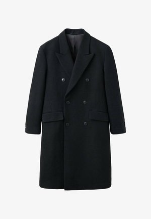 Abrigo negro de doble botonadura hecho de lana, con cuello de muesca, bolsillos laterales y dos botones a cada lado. Textura suave, diseño hasta la rodilla.