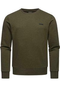Felpa verde oliva realizzata in misto cotone, con colletto a girocollo, maniche lunghe, polsini a costine e un piccolo logo ricamato sul petto.