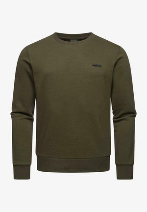 Olijfgroene sweater van een katoenmix, met een ronde hals, lange mouwen, geribbelde mouwen en een klein logo-op-patch op de borst.