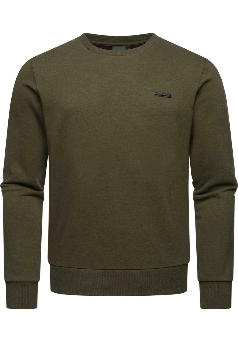 Felpa verde oliva realizzata in misto cotone, con colletto a girocollo, maniche lunghe, polsini a costine e un piccolo logo ricamato sul petto.